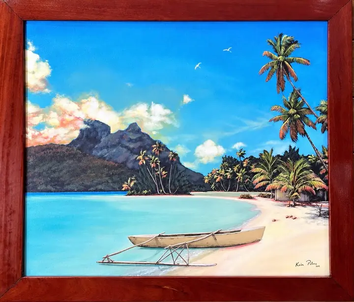 Tableau : une pirogue sur le sable blanc, le lagon turquoise et le mont Otemanu