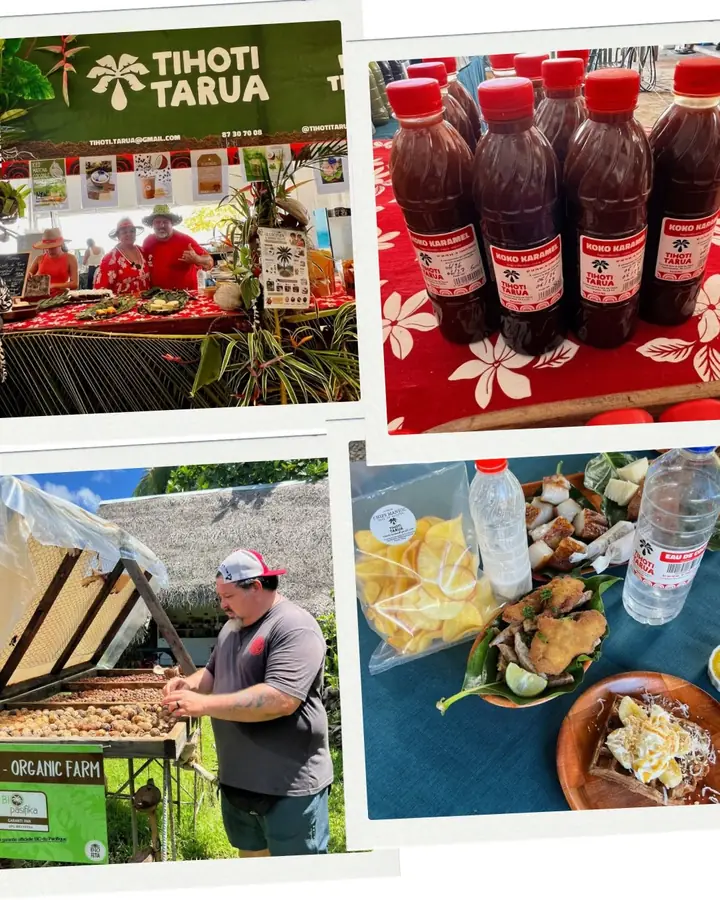 Stand de Tihoti Tarua, jus et produits du fa’apu